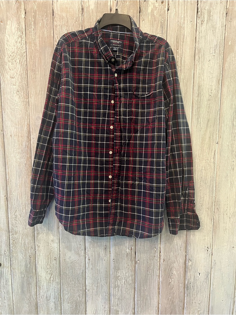 American Eagle Outfitters Navy, Red and White Plaid Button-Down Shirt